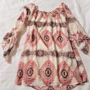 Honeyme Boho Pink and Cream Mini Dress With Lace Details Size S